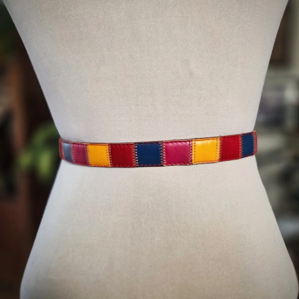 Carole Little Patchwork Leather Belt Vintage 80s Womens Multi Color Boho 24-28